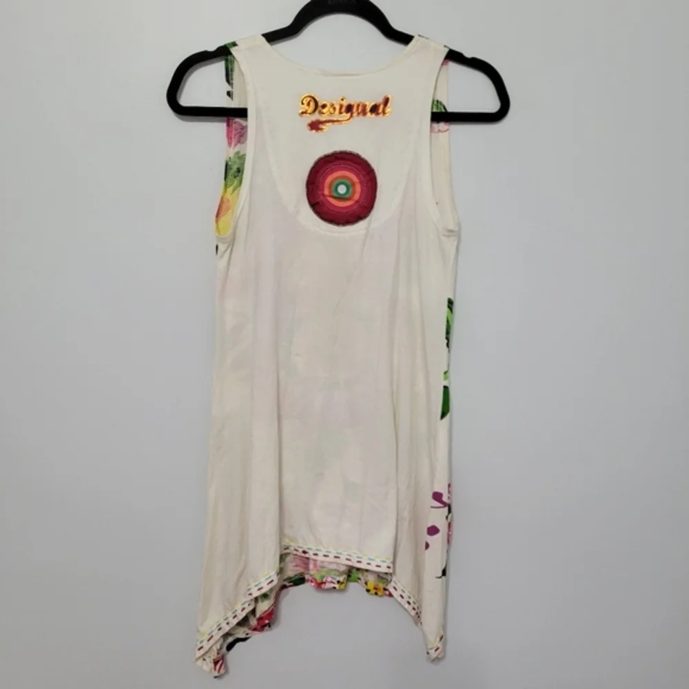 Desigual Womens Floral Asymmetric Tunic Tank Beaded Embroidered Mixed Media XS/S